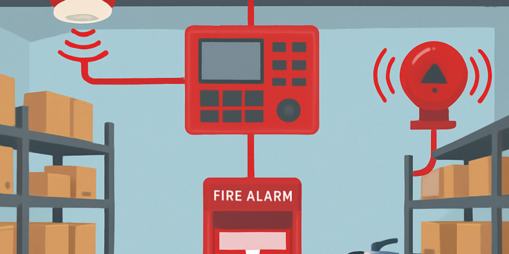 animated picture of red fire alarm fixed light blue wall in warehouse.