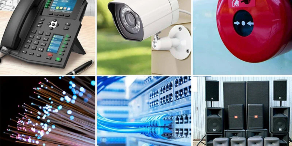 collage of phone, fire alarm, wires, cctv camera, ultra sonic waves.